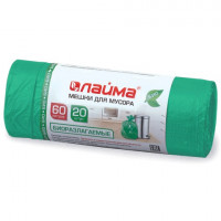 Мешки для мусора биоразлагаемые 60 л зеленые в рулоне 20 шт. прочные, ПНД 15 мкм, 60х70 см, LAIMA, 601401, комплект 20 шт Мешки для мусора биоразлагаемые 60 л зеленые в рулоне 20 шт. прочные, ПНД 15 мкм, 60х70 см, LAIMA, 601401, комплект 20 шт